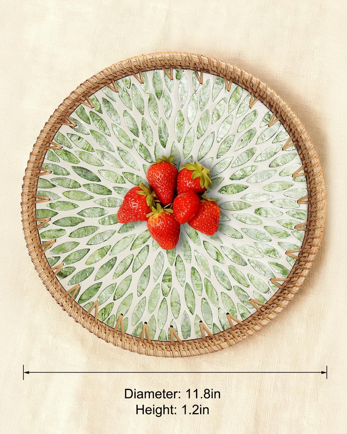 Round Rattan Tray with Mother of Pearl Inlay 11.8 inch, Decorative Serving Tray for Coffee, Bread, Fruit, Woven Wicker Tray for Boho, Coastal, Home Decor(Green Leaf)