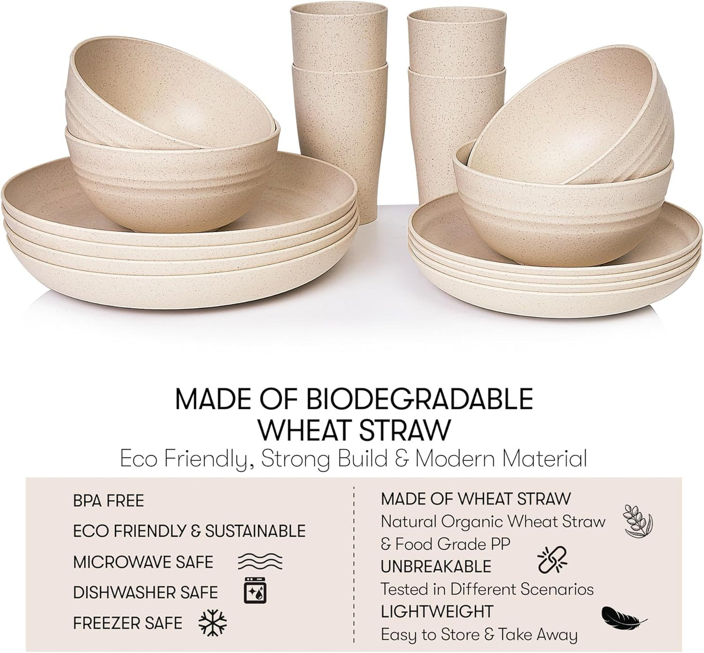 Wheat Straw Dinnerware Sets | Unbreakable Dinnerware Sets | Dishwasher Microwave Safe Dinnerware | Eco Friendly Non Breakable Dinnerware Sets | RV Outdoor Camping (Beige, Service for 4 (16 pcs))