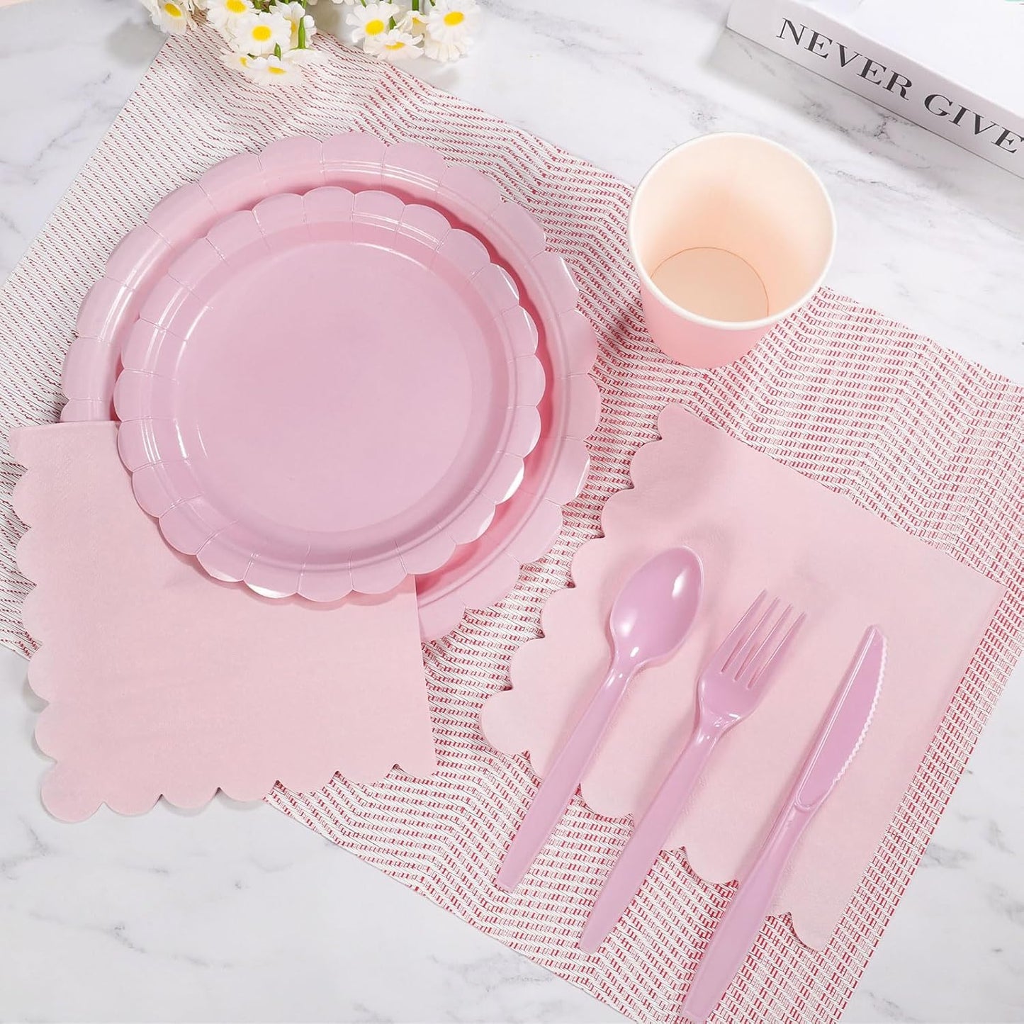 350 Pcs Pink Paper Plates and Napkins, Light Pink Party Supplies Include Scalloped Plates Napkins Cups Plastic Spoons Forks Knives for Baby Bridal Shower, Wedding, Birthday