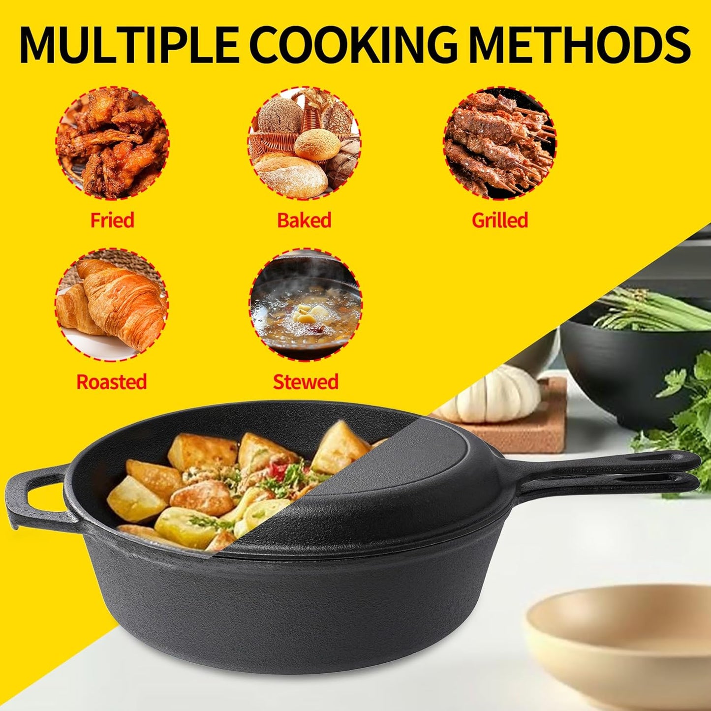 Vivicreate 2 in 1 Cast Iron Dutch Oven Pot with Skillet Lid Pre Seasoned Multi Cooker for Baking Frying Roasting Camping Compatible with All Stoves olla de hierro fundido sartén