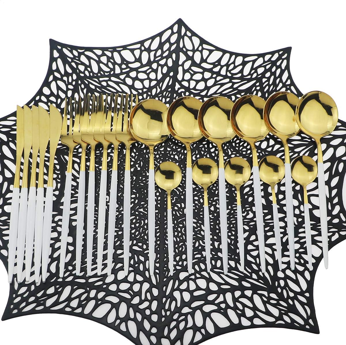 Shiny Silverware Sets, 24-Piece Elegant Cute White Handle Gold Cutlery set,304 Stainless Steel Silverware Set for Eating Home Kitchen Hotel Restaurant, Sets for 6 People, Dishwasher Safe