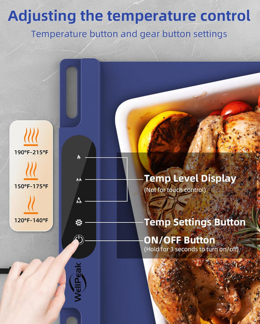 Electric Warming Mat for Food (2-Pack)- Full Surface Fast Heating Silicone Warmer Tray with 3-Level Temperature, Auto-Off, Raised Feet for Table Protection for Gatherings, Parties, Home Buffets, Blue