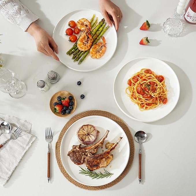 24 Piece Ceramic Dinnerware Set for 8, Modern Minimalist Stoneware Dinner Plates and Bowls, Microwave Safe, Dishwasher Safe, Versatile for All Seasons, Matte White