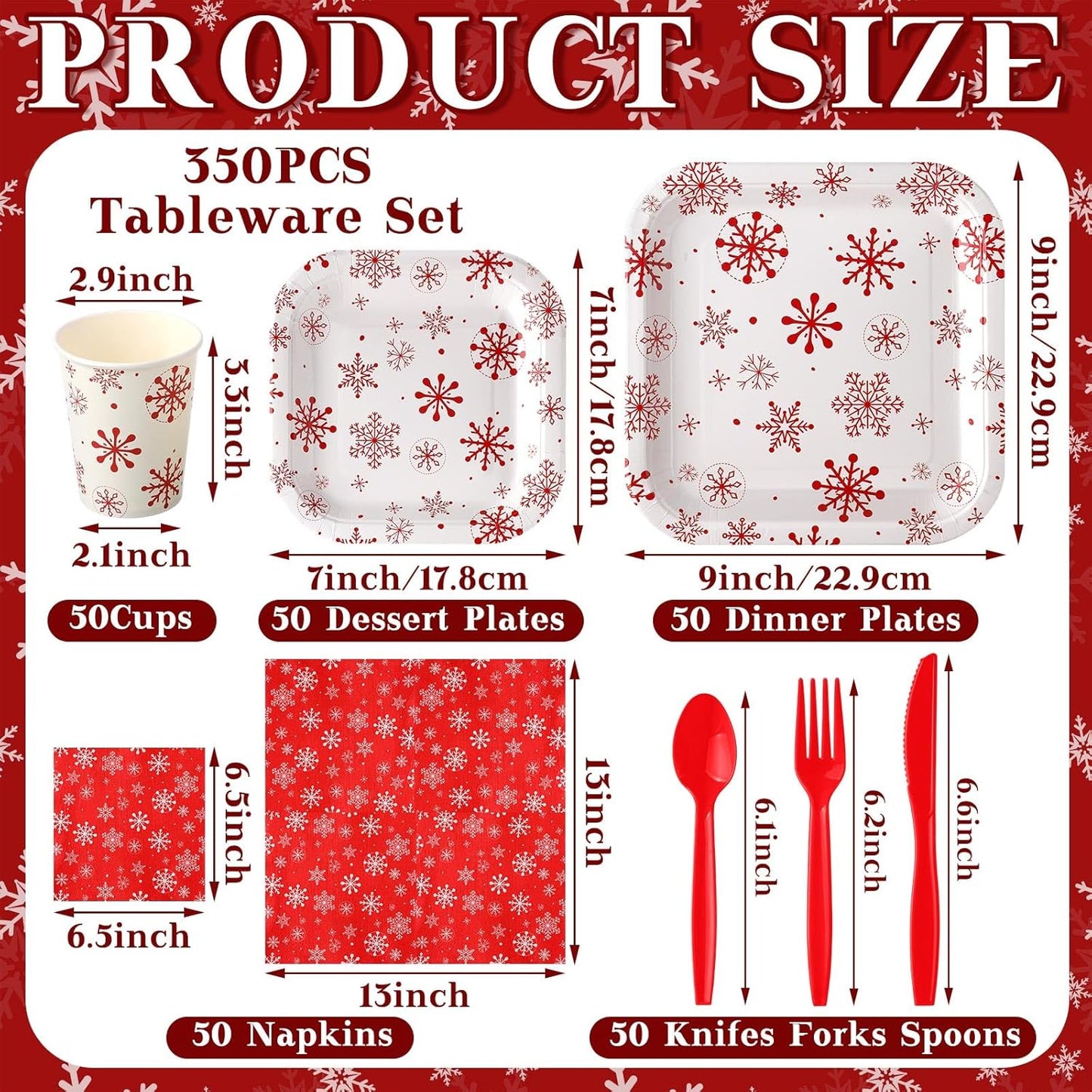 350 Pcs Paper Plates and Napkins Set Disposable Dinnerware Party Supplies Tableware Serve 50 Guest Cups Knife Forks Spoon(Red,White,Snowflake)