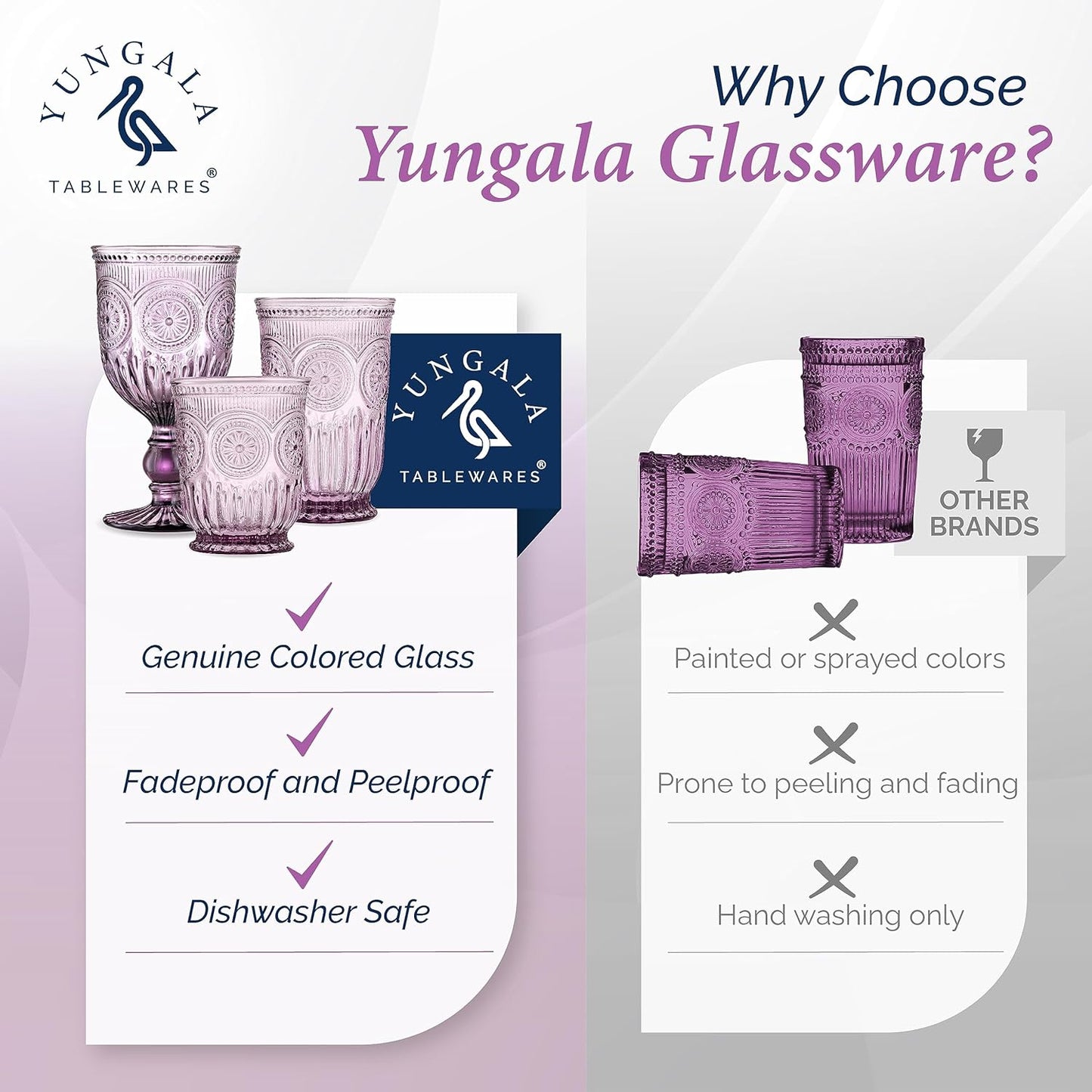Yungala Purple Highball Glasses, set of 6 tall drinking glasses with unique vintage design and a deep purple hue. DISHWASHER SAFE glassware made from purple glass. Matching wine glasses available.