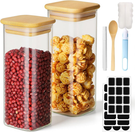 Glass Jars with Bamboo Lids, 2 Pack 13 Fl.oz Square Glass Canister with Airtight Lids, Clear Spice Jars Sugar Coffee Containers for Tea, Candy, Oats - Included Labels, Spoon and Marker