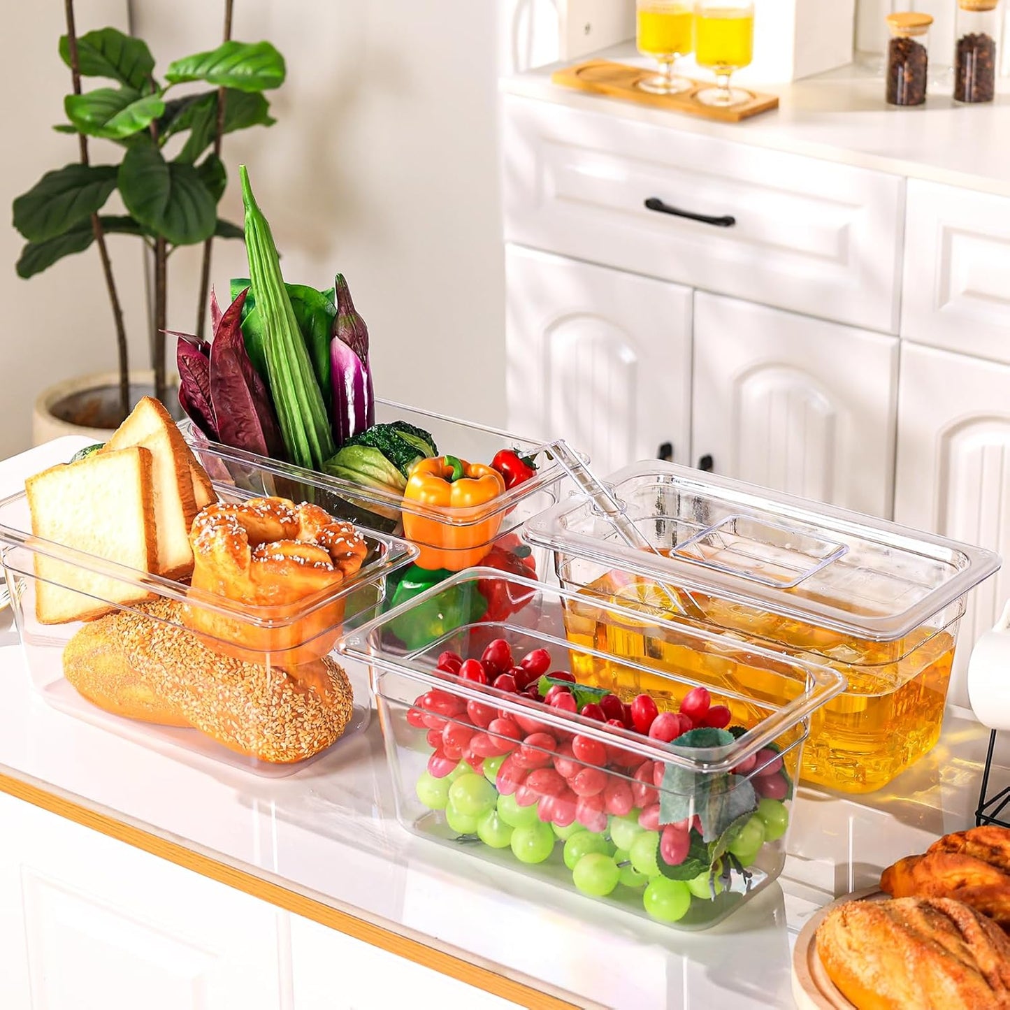 6 Pack Plastic Food Pans with Lids, 1/3 Size 6'' Deep Clear Commercial Stackable Polycarbonate Pans Hotel Food Storage Pan with 1 Pcs Spoon for Fruits Vegetables