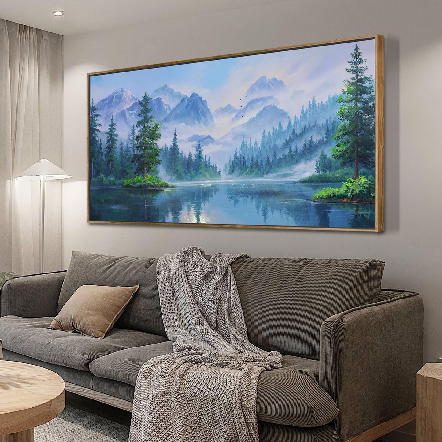 Ardemy Large Landscape Canvas Wall Art for Living Room Framed Lake Teal Pictures Bedroom Wall Decor Textured Misty Forest Scenery Paintings Artwork for Walls Home Office, 48"x24"