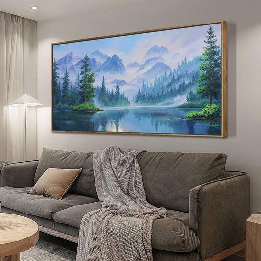 Ardemy Large Landscape Canvas Wall Art for Living Room Framed Lake Teal Pictures Bedroom Wall Decor Textured Misty Forest Scenery Paintings Artwork for Walls Home Office, 48"x24"