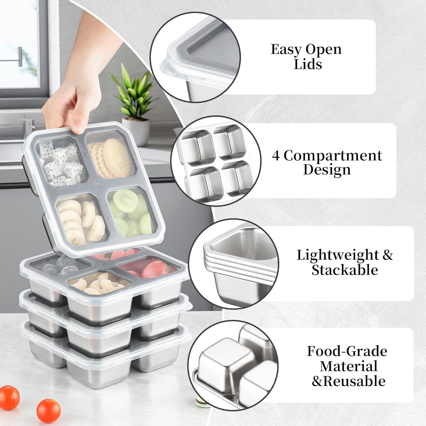 4 Divided Compartments Snack Containers Bento Snack Box with Lid Stainless Steel Kids Plates Reusable Meal Prep Lunch Box Food Storage Containers for Adults Travel Work