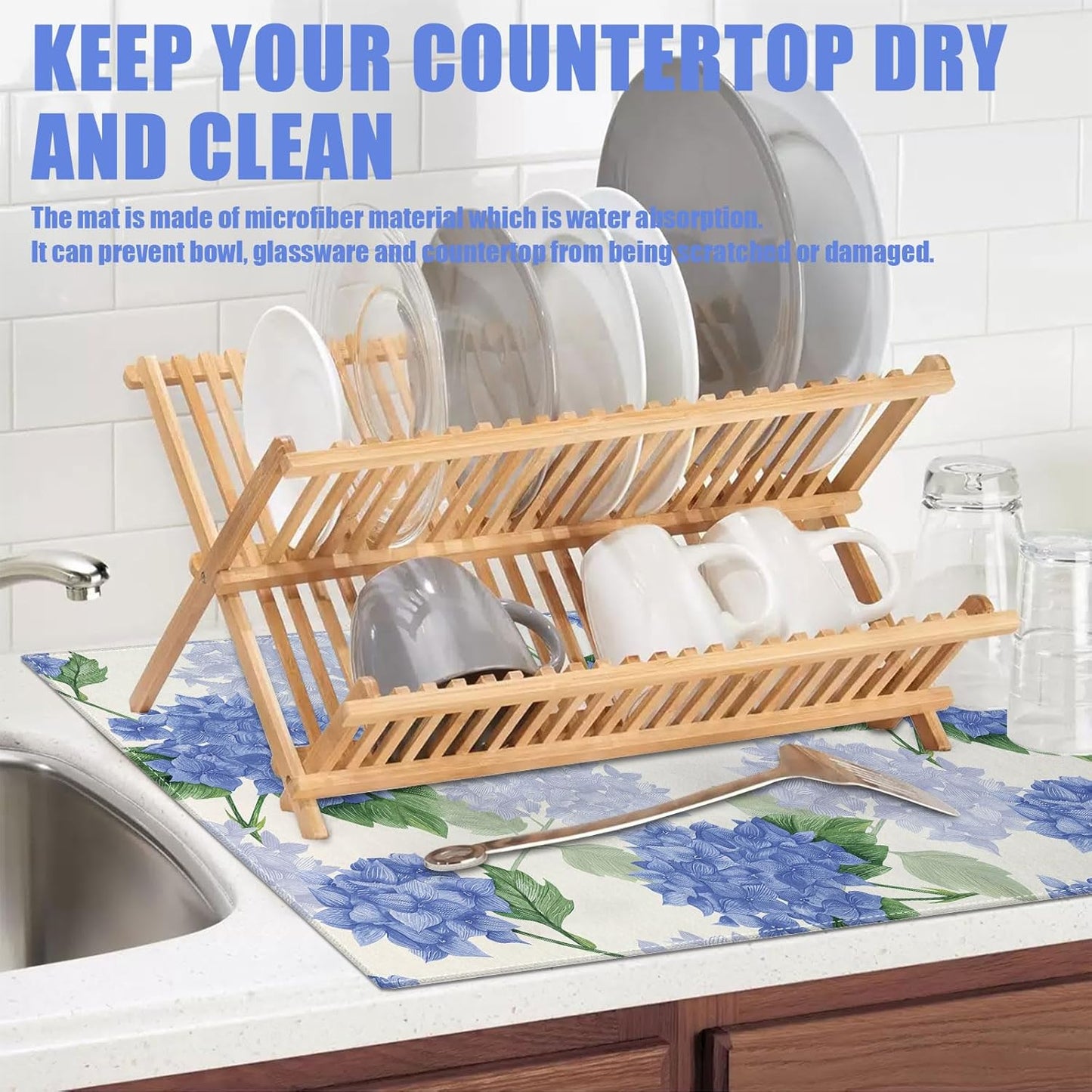 Blue Hydrangea Dish Drying Mat for Kitchen Counter Spring Floral Drying Pad Absorbent Reversible Dish Drainer Rack Mats Draining Pad 18"x24"Inch
