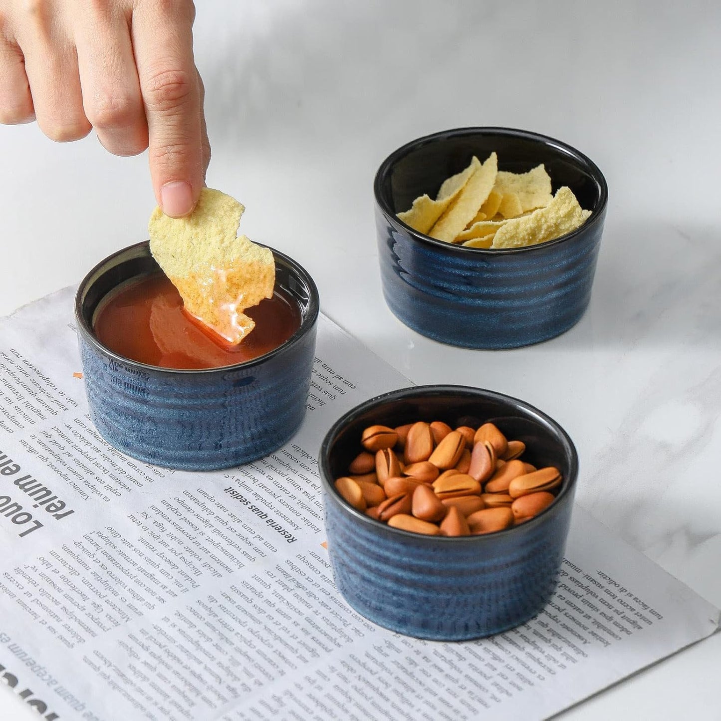 Hasense 4 oz Ramekins Oven Safe,Ceramic Creme Brulee Dish for Baking Set of 6,Porcelain Dipping Sauce Bowls for Pudding, Souffle,Serving Dip,Custard,Ice Cream(Blue)