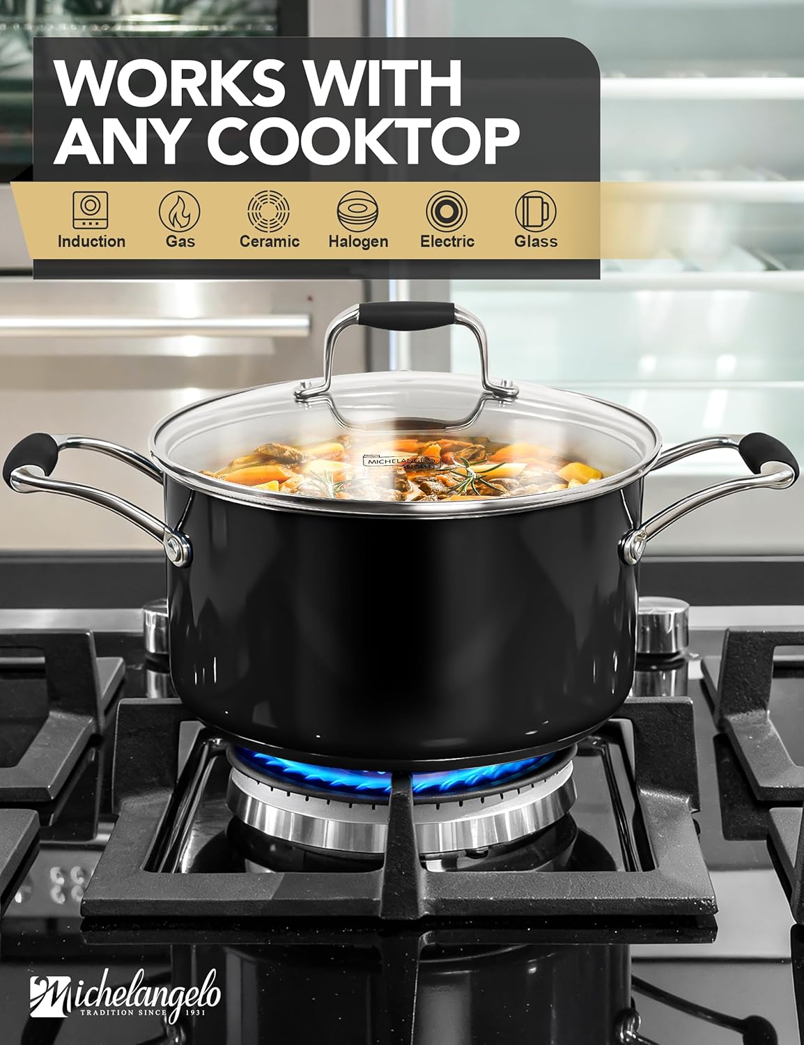 MICHELANGELO Stainless Steel Cooking Pot - 6 Quart Soup Pot with Lid, Non-Toxic Stockpot Induction Compatible, Oven & Dishwasher Safe, Black Exterior