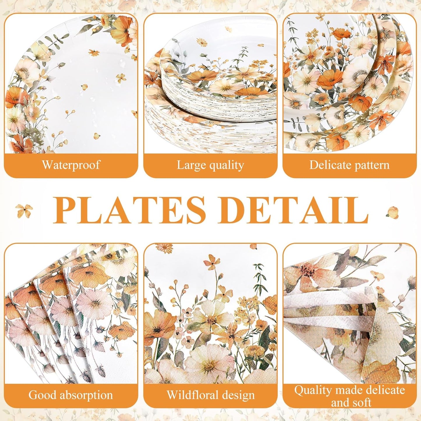 250 Pcs Fall Floral Party Decorations Include Autumn Flowers Paper Plates Napkins and Cups for Autumn Wedding Baby Shower Birthday Party Decorations, Serve 50 Guest