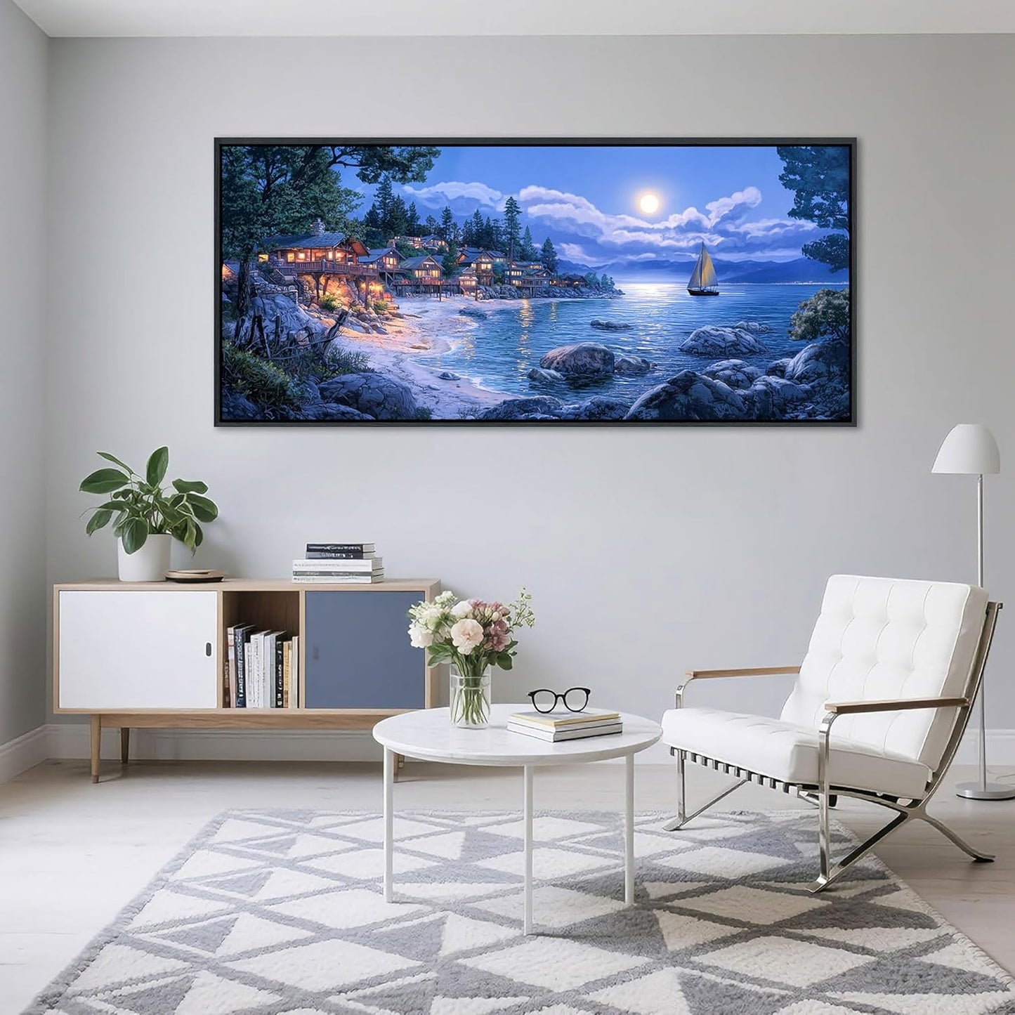 CHATYOUNG Large Beach Wall Art, Blue Sea Ocean Night Landscape Framed Painting Coastal Moon Modern Pictures Artwork for Bedroom Living Room Kitchen Home Office Wall Decor 71"x32"