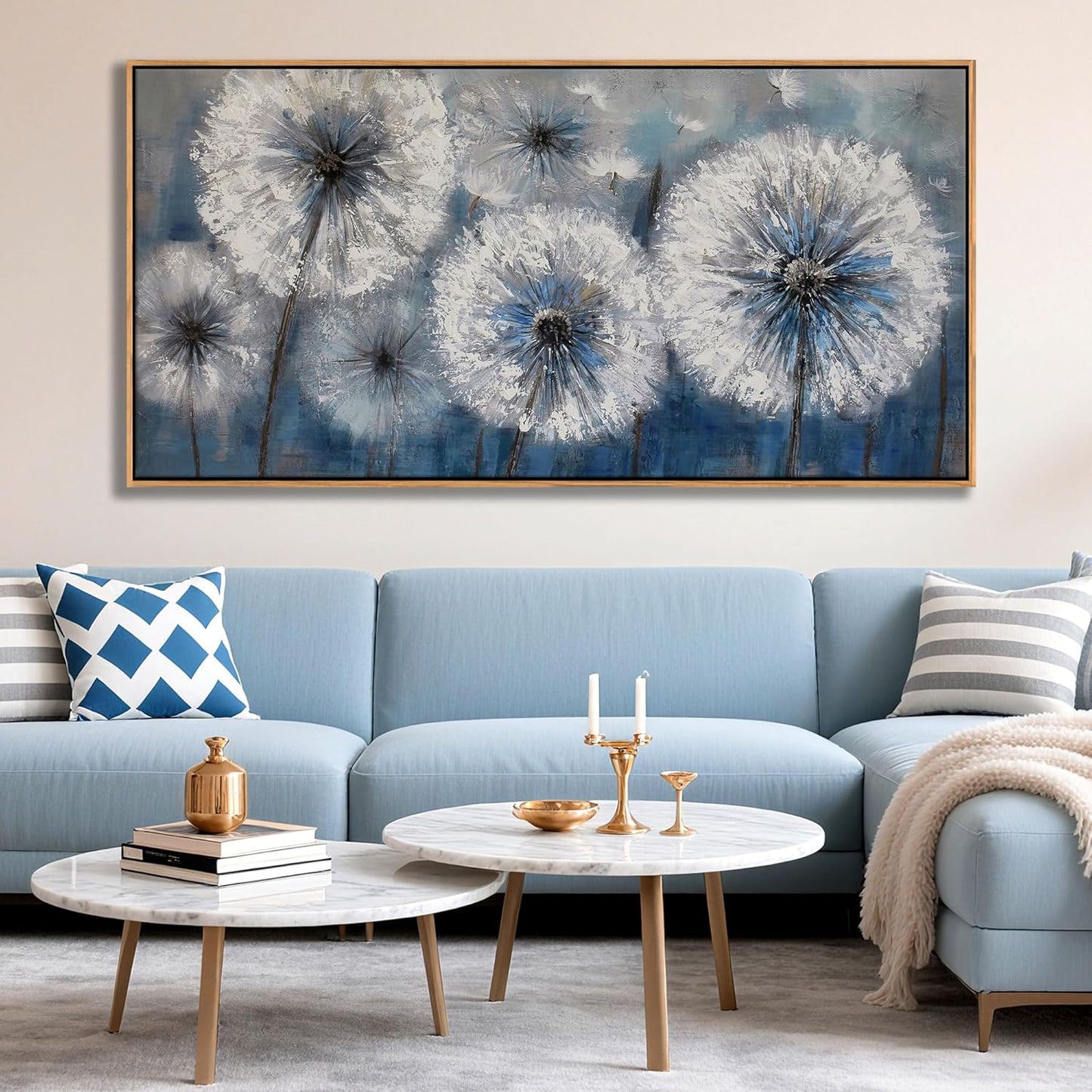 Dandelion Wall Art Blue Canvas Print Picture Framed Wall Art for Living Room Large White Flower Flora Home Decoration Modern(With Soild wood dark framed) Bedroom Artwork Wall Decor