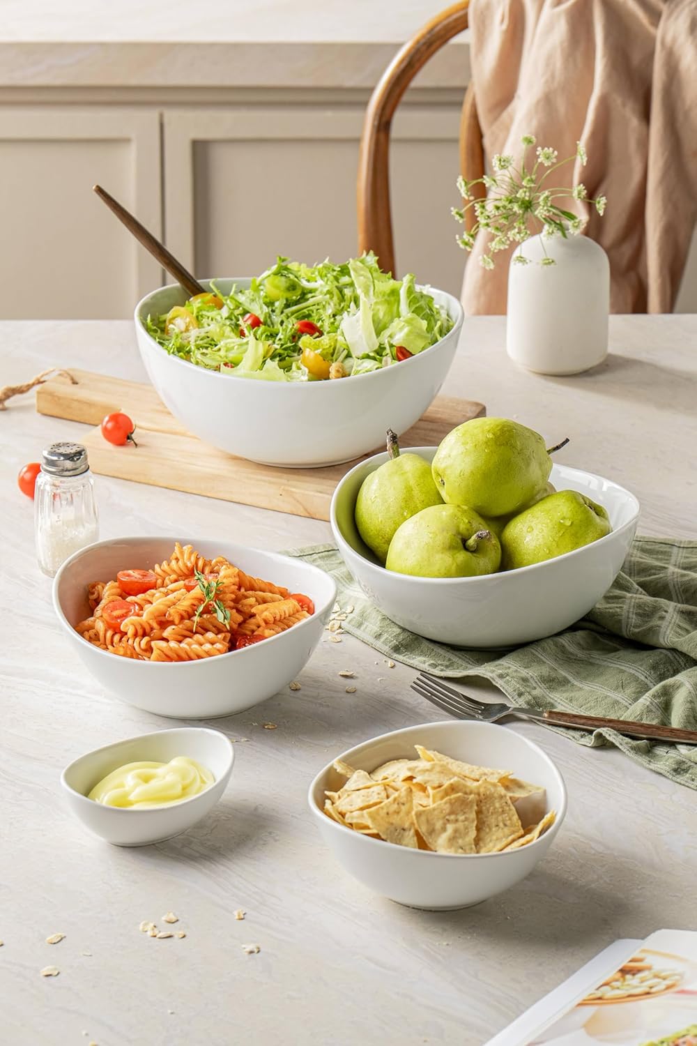 Porcelain Serving Bowls set for Entertaining, 3-11-20-32-50 Ounce, Scratch Resistant, 5 Piece Serving Bowl Set, Prep Salad Bowls for Christmas Thanksgiving, Dishwasher Safe, Pure White