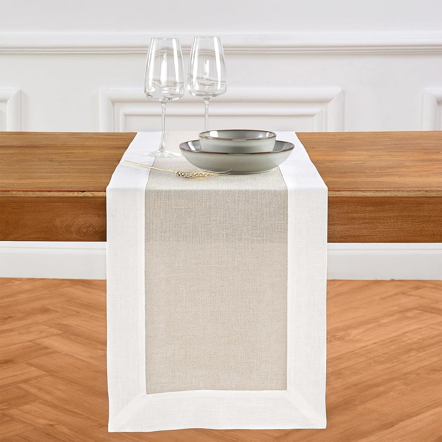 Solino Home Linen Table Runner 60 Inches - 100% Pure Linen White and Natural Short Table Runner 14 x 60 Inch Ideal for Dresser and Coffee Tables - Contempo - Thanksgiving, Holiday