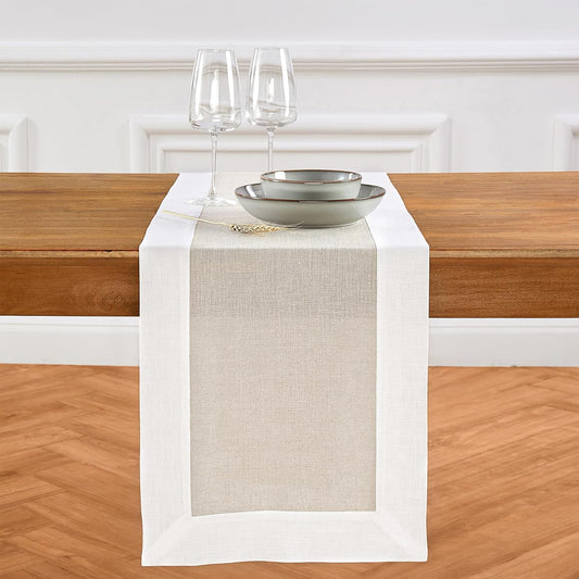Solino Home Linen Table Runner 36 Inches - 100% Pure Linen White and Natural Short Table Runner 14 x 36 Inch Ideal for Dresser and Coffee Tables - Contempo - Thanksgiving, Holiday