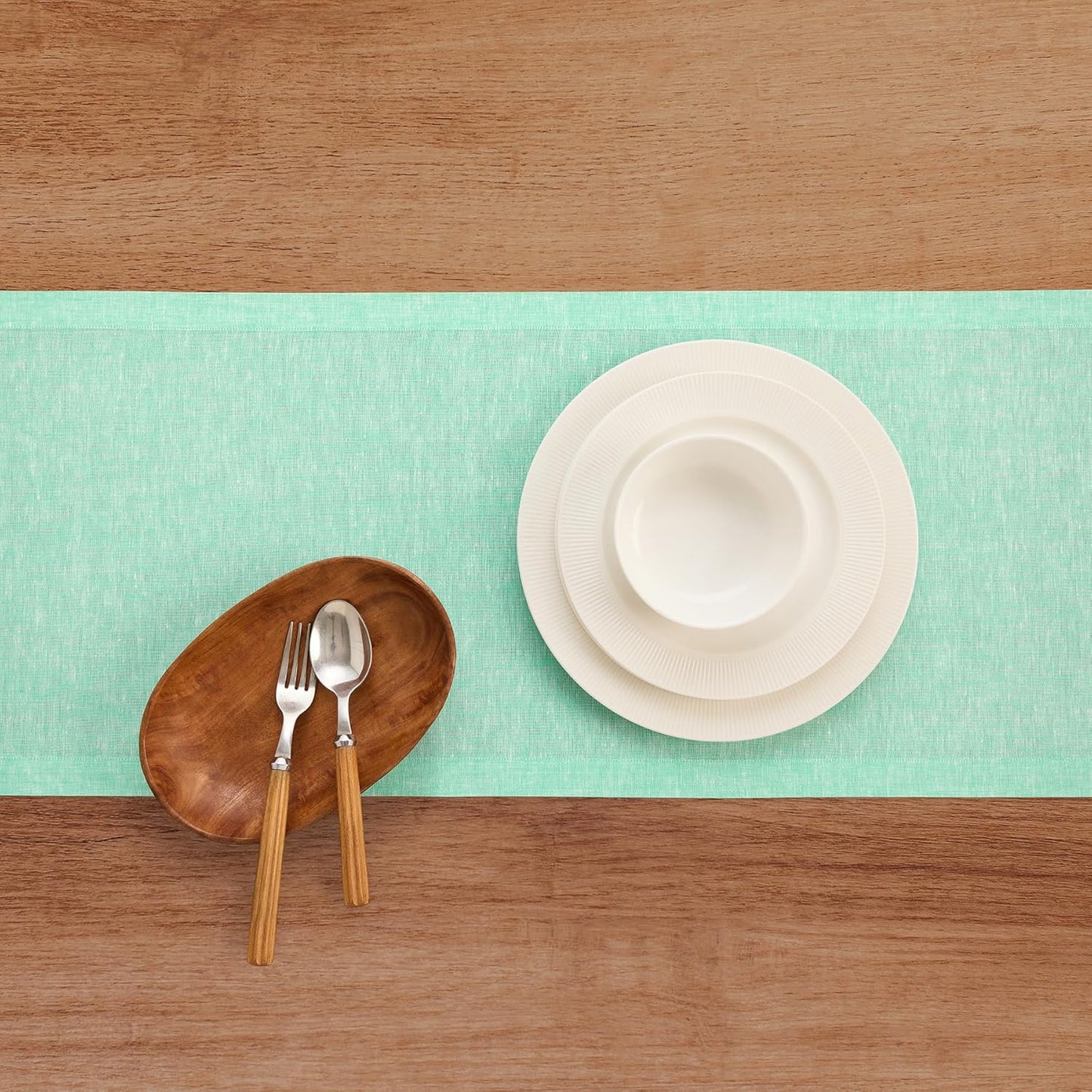 Solino Home Linen Table Runner 90 Inches Long - Athena, 100% Pure Linen Chambray Aqua Dining Table Runner 14 x 90 Inch