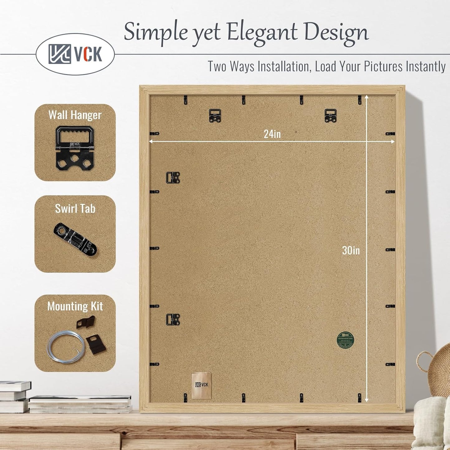 VCK 24x30 Oak Wood Frame for Poster & Picture, Natural Solid Wood Photo Frames 5 Pack, Wall Mounting Hanging