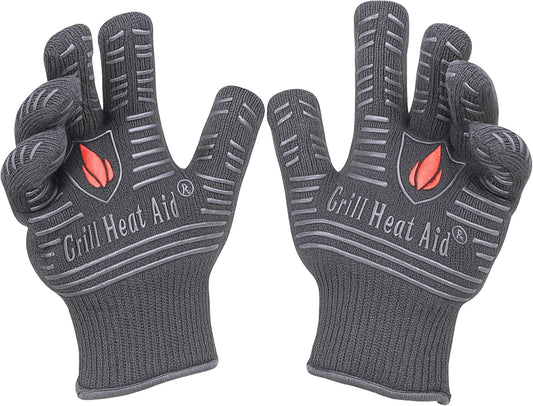 GRILL HEAT AID BBQ Grill Gloves 1472°F - Extreme Heat Resistant Oven Mitts for Grilling, Smoker & Fire Pit with Silicone Grip & EN407 Cut Resistance - Short Cuff, Dusky Gray