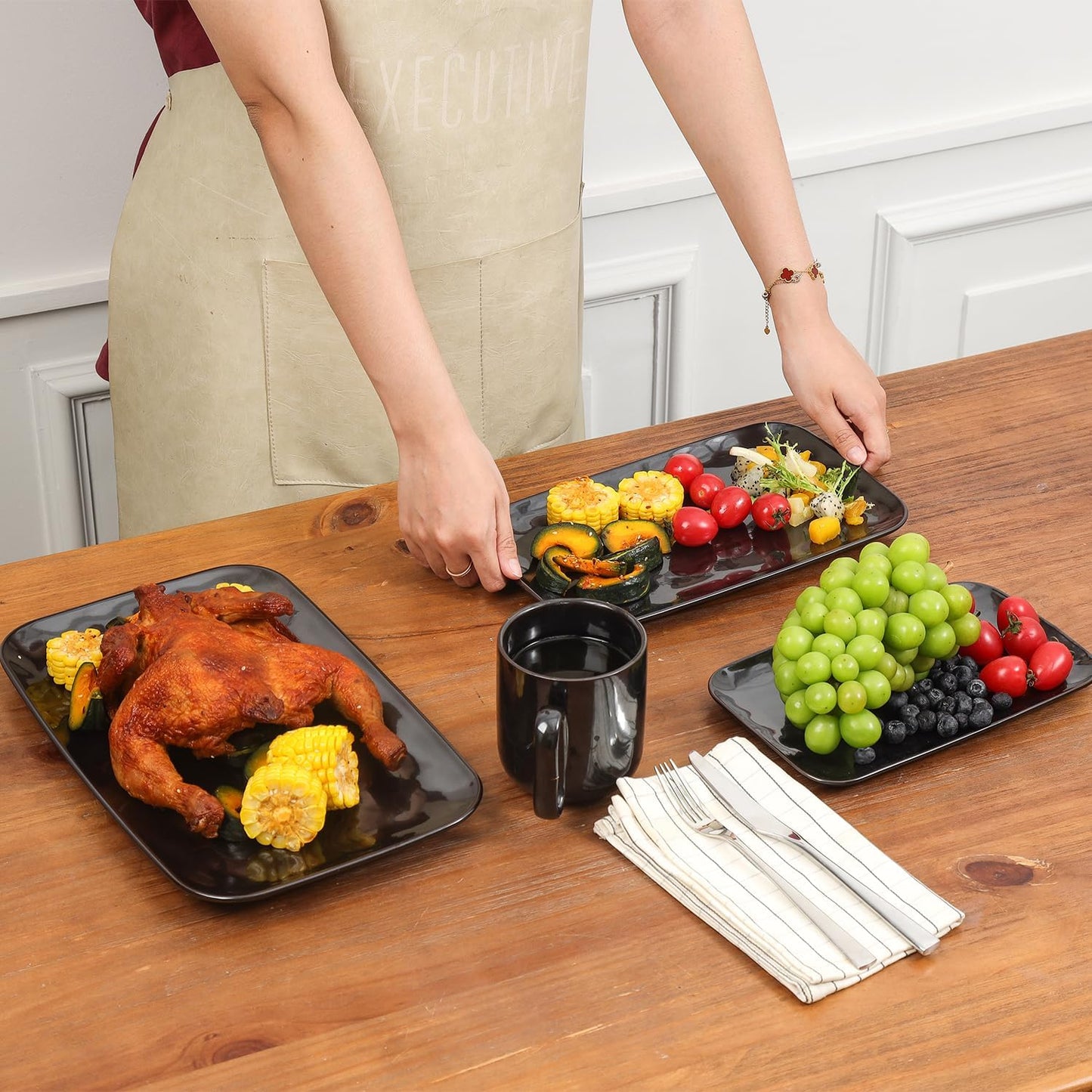 vicrays Ceramic Rectangle Serving Platters - 14" 12" 10" Porcelain Serving Trays Plates for Party BBQ Appetizers Sushi Dessert - Microwave Oven and Dishwasher Safe - Set of 3 Bright Black