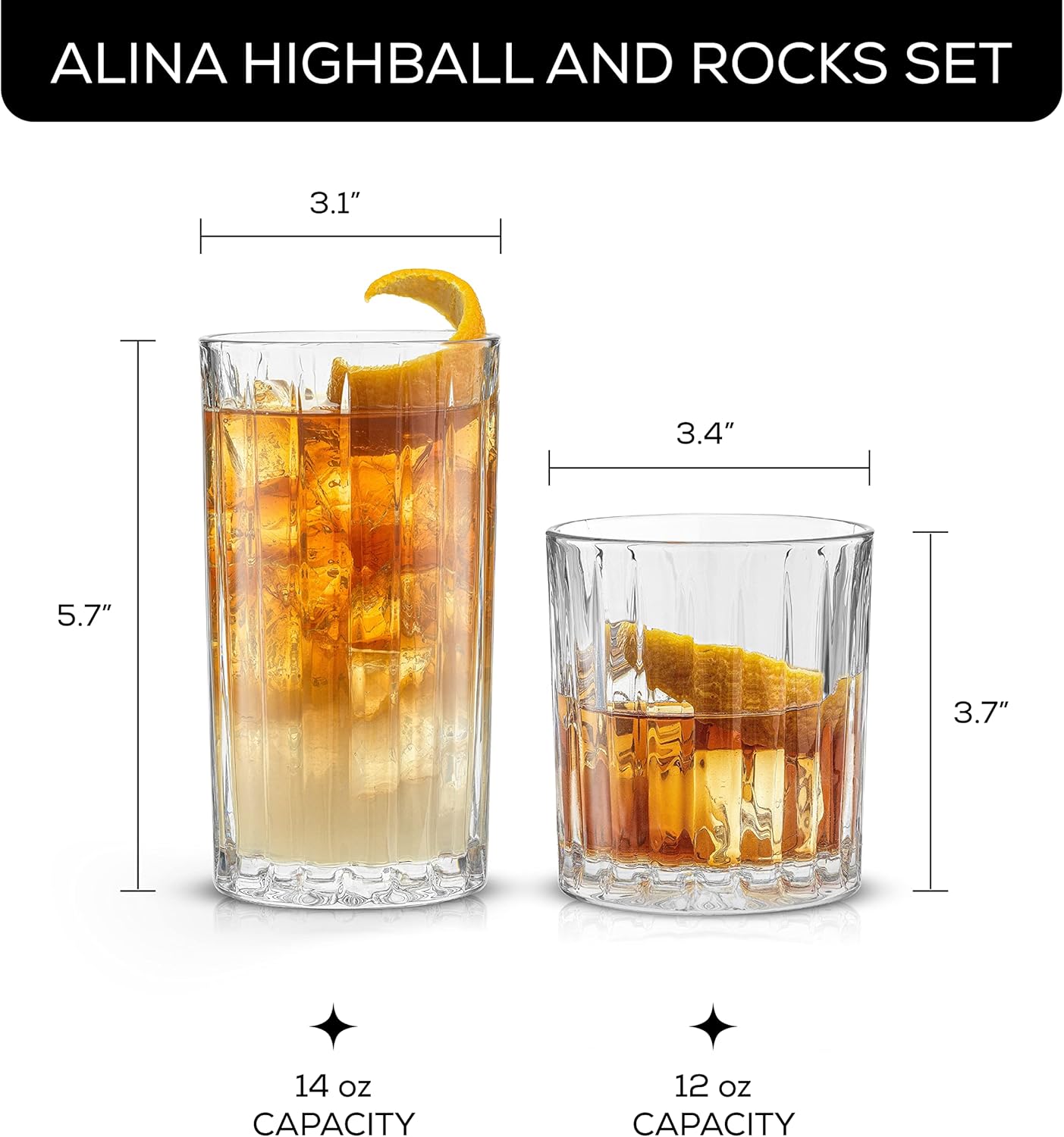 JoyJolt Drinking Glasses Set of 8, Alina Ribbed Glassware. 12oz Rocks Glass and 14oz Highball Glass set. Cocktail Glasses, Iced Coffee Cup or Water cups. Heavy Base Glassware Set