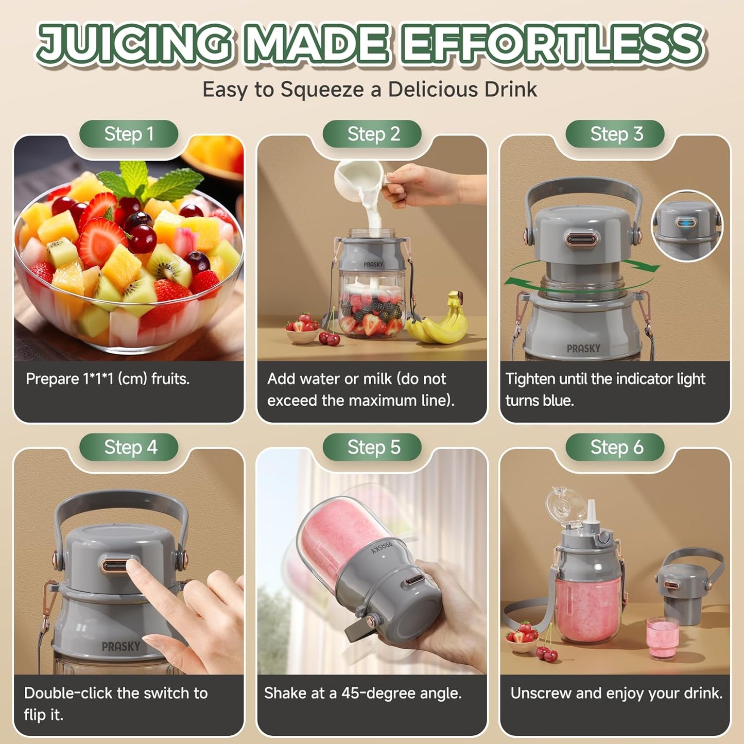 Portable Blender, Prasky Personal Blenders for Shakes and Smoothies with 27oz Cup, Lid and Shoulder Strap, Type-C USB Rechargeable, Personal Size Blenders BPA-free for Travel/Kitchen (Light Gray)