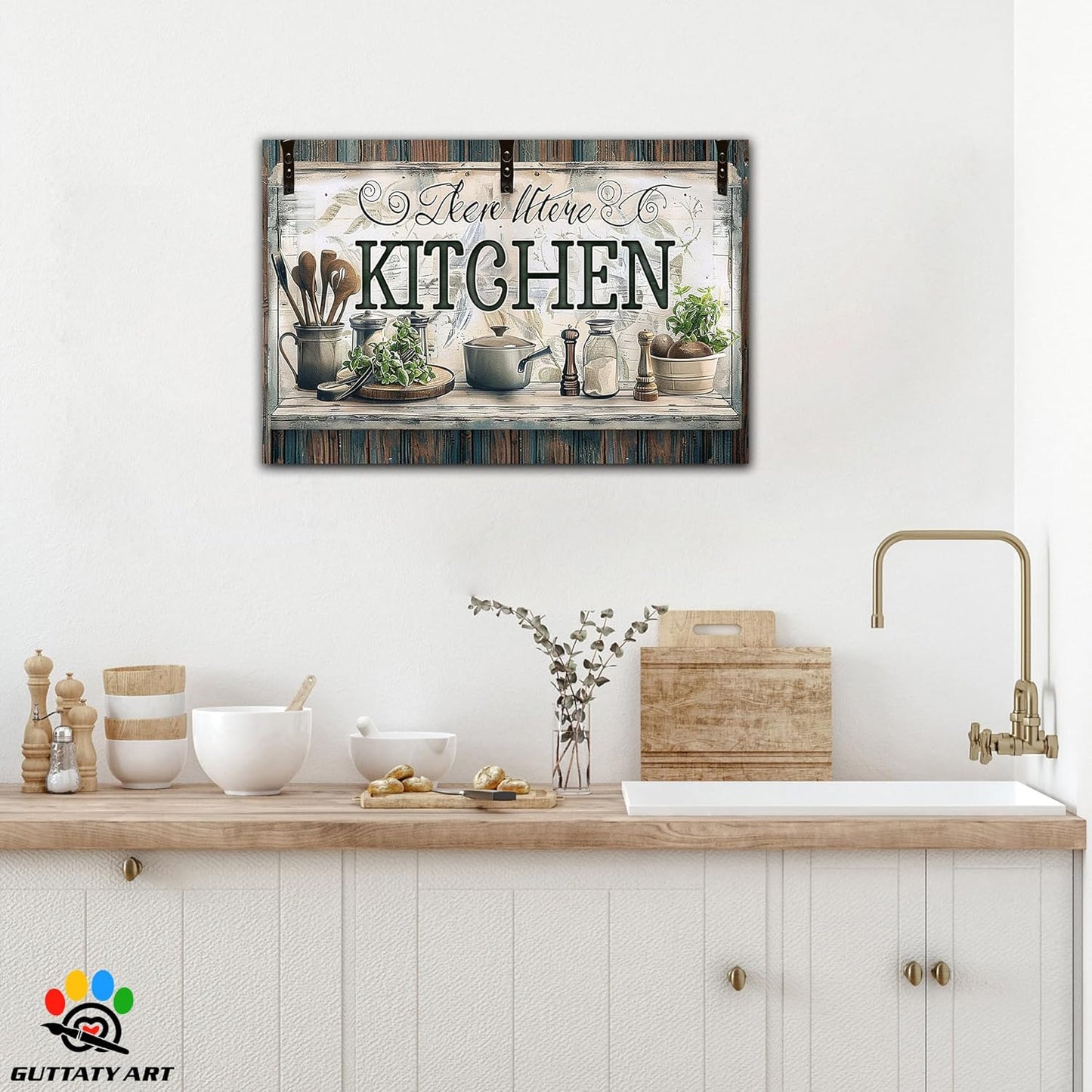GUTTATY Farmhouse Wall Art Rustic Kitchen Decor, Ready to Hang Graffiti Kitchen Canvas Print Spoon And Vegetable,Vintage Posters Prints for Dinning Room Home Kitchen Restaurant Painting 18×24 Inch