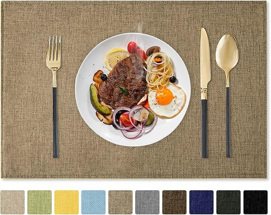 Romanstile Cloth Placemats Set of 8-12 x 18 Inch, Heat Resistant Double Layered Thickened Burlap Place Mats, Washable Faux Linen Farmhouse Table Mats for Kitchen/Dining/Party/Outdoor, Khaki