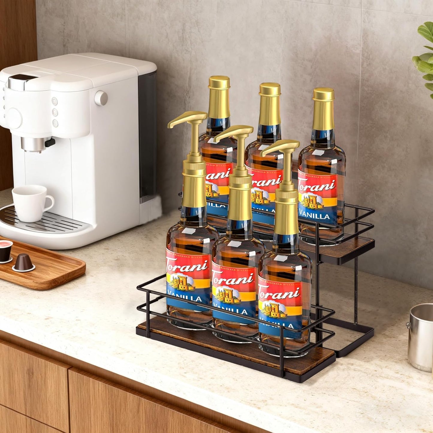 Coffee Syrup Organizer Rack, 2 Tier Syrup Holder(6 Bottle Capacity) for Coffee bar Syrup Storage,Kitchen Condiment Organization and Wine Display.