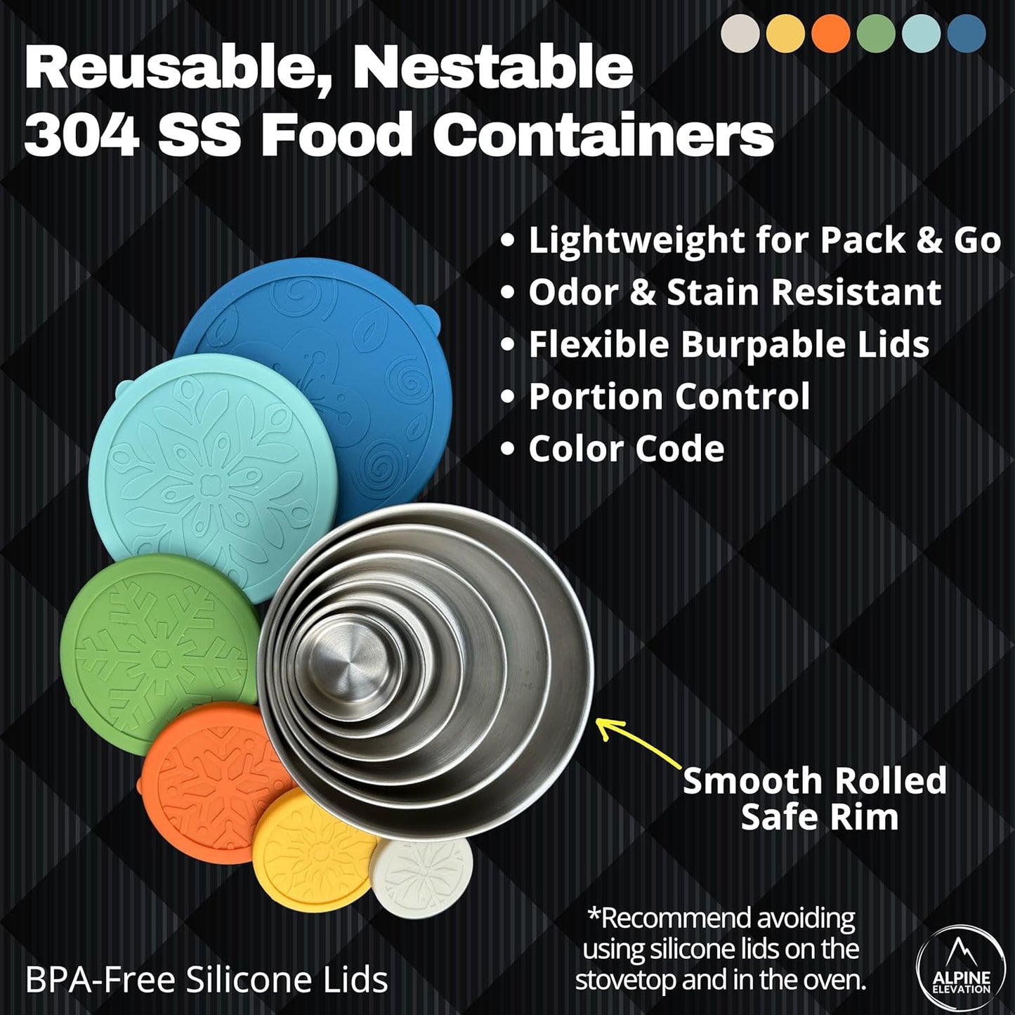 12 Pcs - 6 Stainless Steel Containers + 6 Silicone Lids | 304 Stainless Steel Snack Container | Nesting Snack and Dip Containers | Metal Food Storage