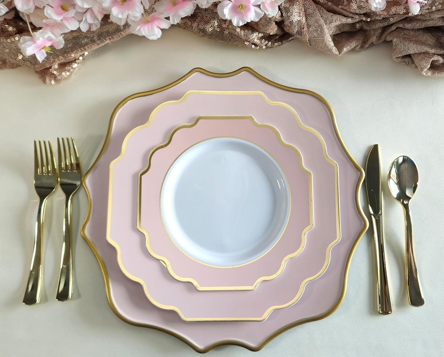 " OCCASIONS " 240 Plates Pack (120 Guests) Heavyweight Wedding Party Disposable Plastic Plates Set -120 x 10.5'' Dinner + 120 x 8'' Salad/Dessert Plate (Imperial in Blush & Gold)