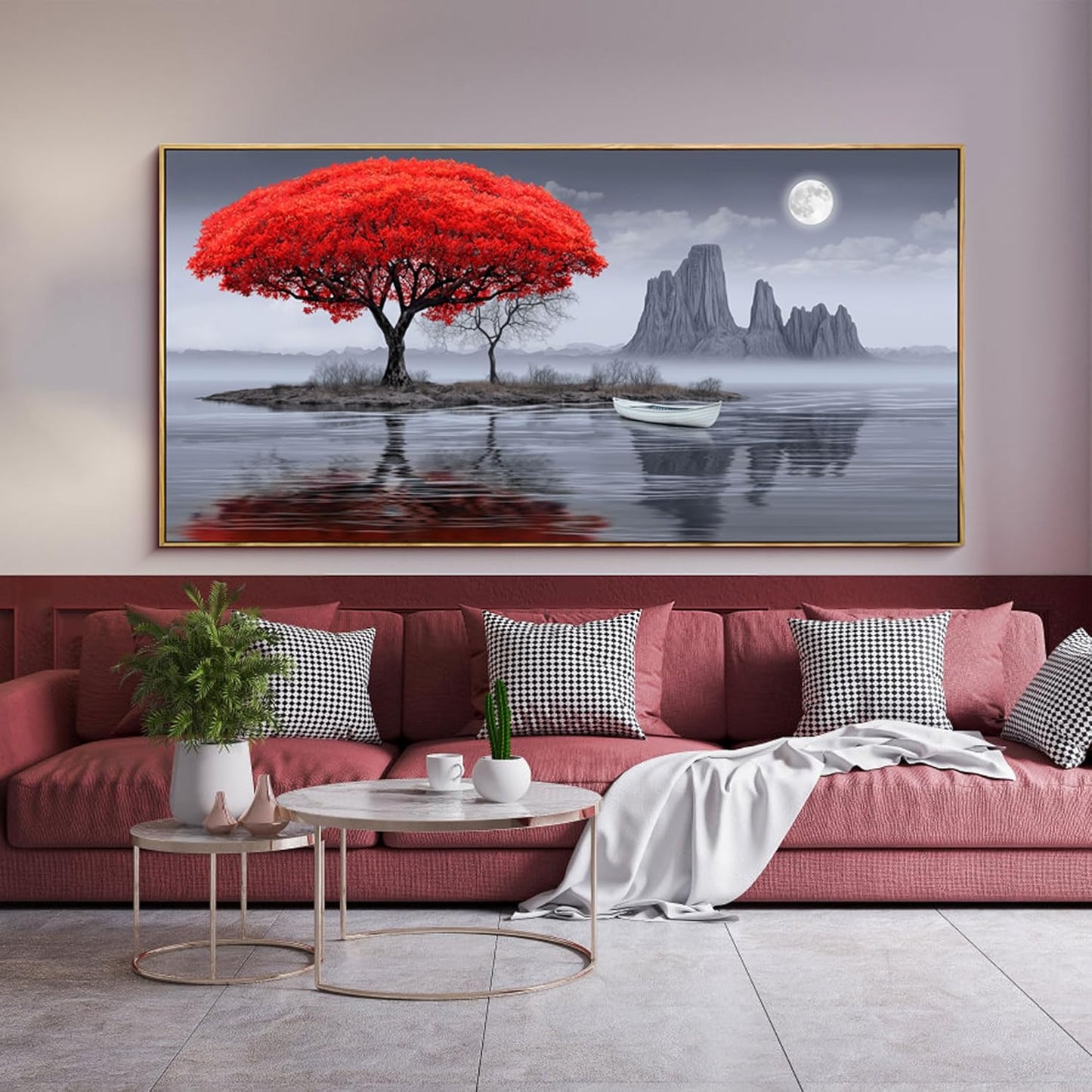 XLSJERST Large Wall Art - Red Tree Living Room Wall Decor Frame Modern Canvas Artwork Moon Landscape Lake Picture for Bedroom Office Black and White Wall Art 58x29 Inches
