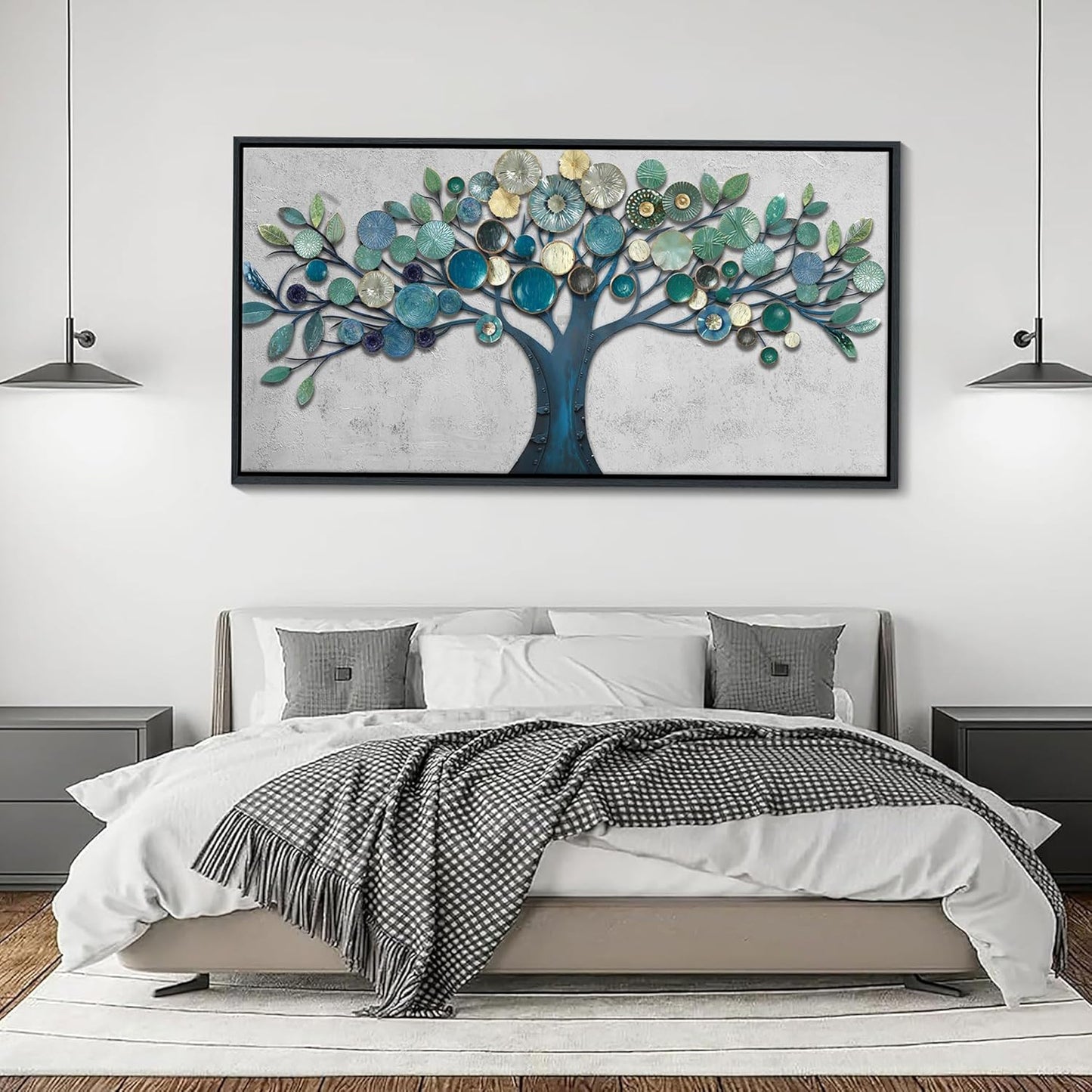 CHATYOUNG Wall Art Living Room - Framed Teal Blue Tree of Life Abstract Landscape Painting Modern Leaf Theme Print Artwork for Dining Room Bedroom Bathroom Office Home Decor 48"x24"