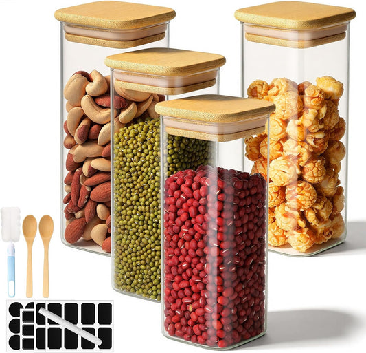 Glass Jars with Lids, 4 Pack 13 Fl.oz Square Glass Storage Jars with Bamboo Lids, Spice Canister Kitchen Pantry Containers for Sugar, Coffee Beans, Tea - Included Labels, Spoon and Marker