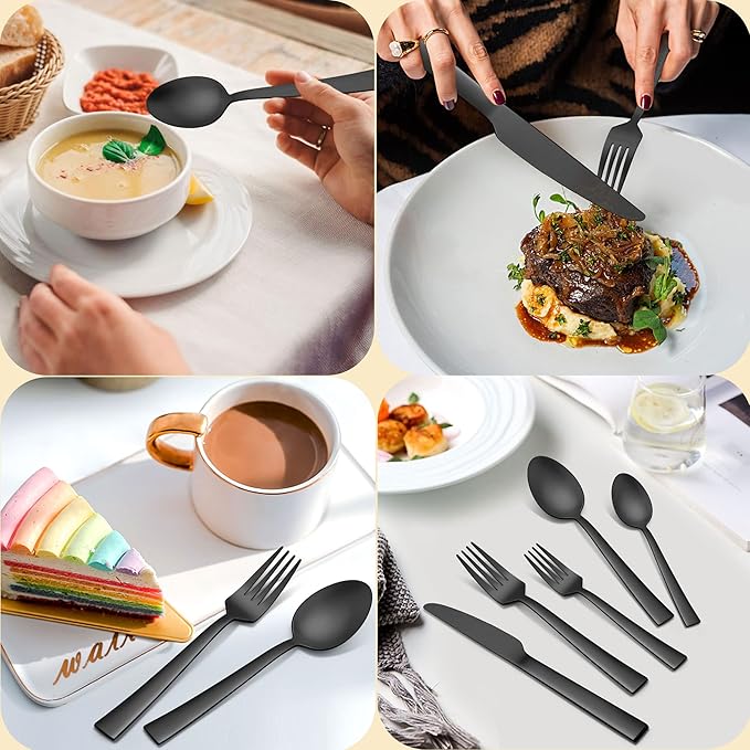 Herogo 46-Piece Matte Black Silverware Set with Serving Utensils, Stainless Steel Square Flatware, Modern Tableware Cutlery Set with Serving Pieces for Catering Banquet, Dishwasher Safe, Satin Finish