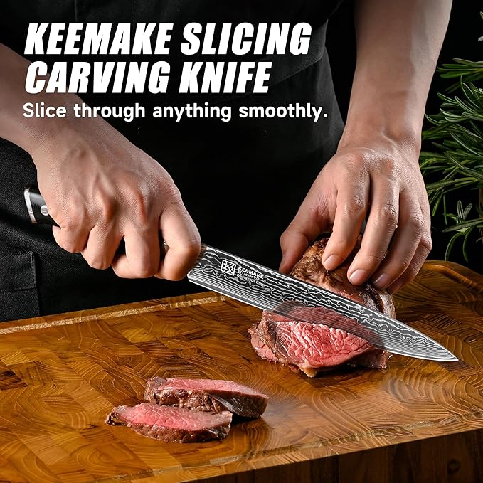 KEEMAKE Carving Knife for Meat, 8 Inch Ultra Sharp Damascus Kitchen Knives with G10 Ergonomic Handle, Brisket Knife for Meat Cutting, Japanese Knives for BBQ Ham Roast Turkey Vegetable