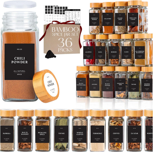 Glass Spice Jars with Label with Bamboo Lids 36 Pack Black Labels Set, 4oz Clear Empty Bottles Seasoning Organizer Jars with Shaker Lids, Small Square Airtight Spice Seasoning Containers Herb Storage