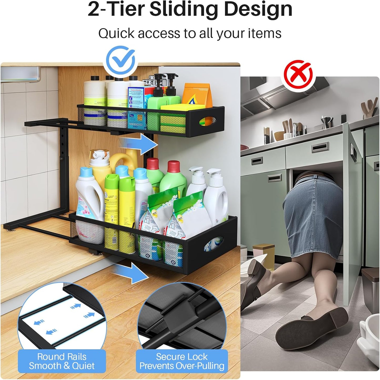 Under Sink Organizer, 2 Pack 2 Tier Pull Out Under Cabinet Organizer Shelf with Pad for Framed Cabinets, Metal Slide Out Under Sink Storage, Mesh Sliding Drawers for Kitchen Bathroom Laundry, Black