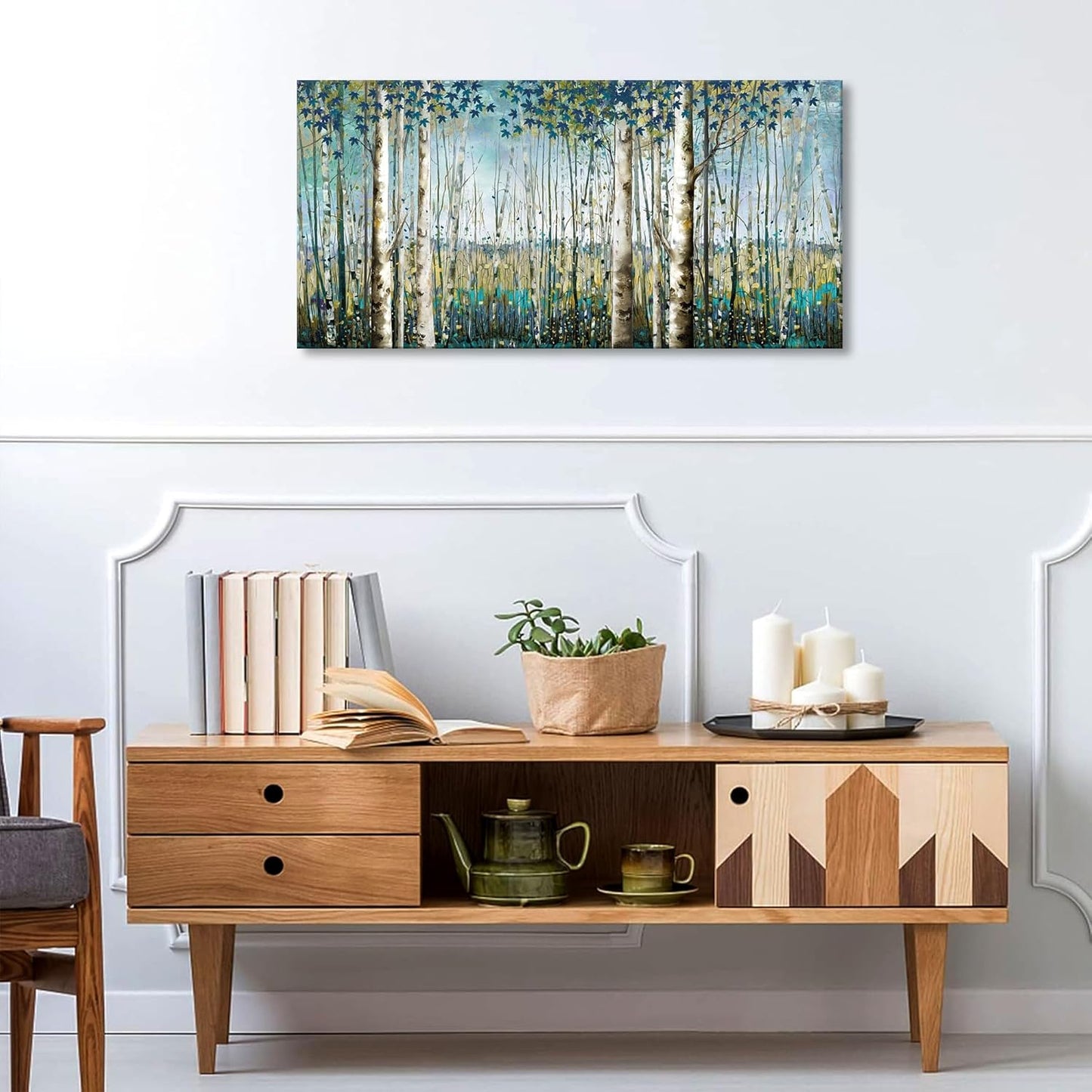 Pogusmavi Forest & Mountain Wall Art Green Birch TreeFramed Nature Landscape Pictures for Living Room, Bedroom & Office Large Paintings Wall Decor Tree and Artwork for Wall Decor