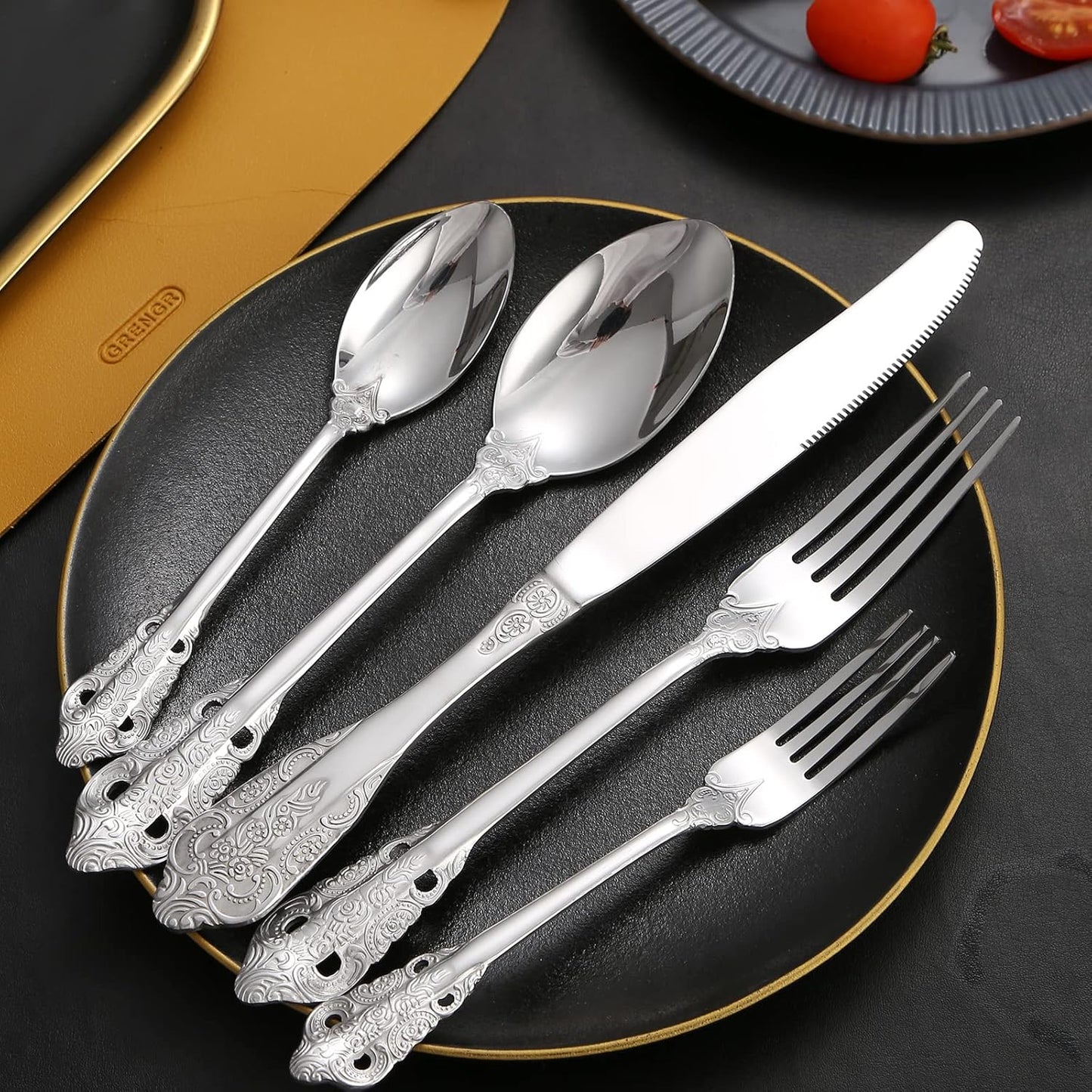 Antique Silverware Set for 8 Silvery Royal Flatware Stainless Steel 40 Pieces Eating Utensils Vintage Fork Knife Spoon Luxury Home Kitchen Restaurant Festival Parties