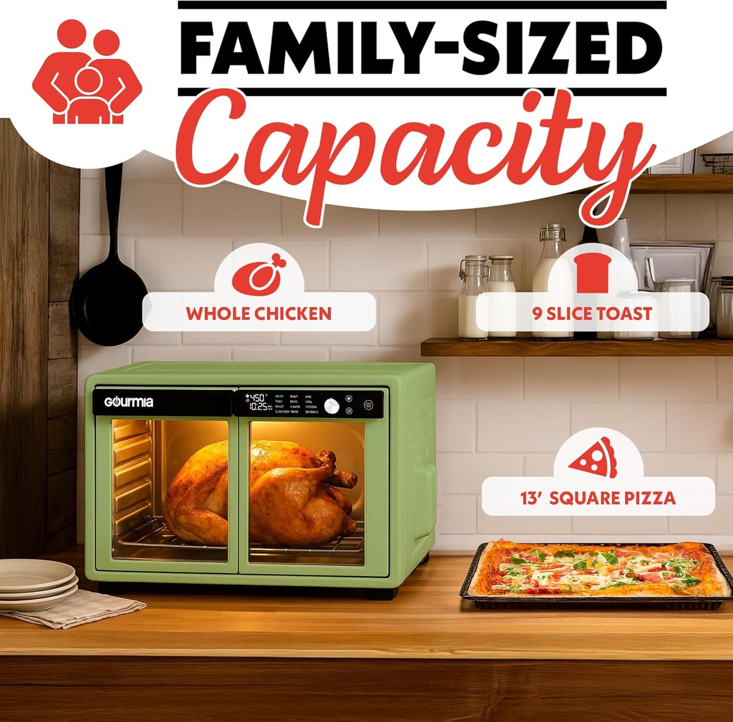 Gourmia French Door Digital Air Fryer Oven - XL 37QT Capacity, 12 Presets, FryForce 360° Tech, Dehydrate, Proof, Slow Cook, Fits 13” Pizza, 1700W, Green