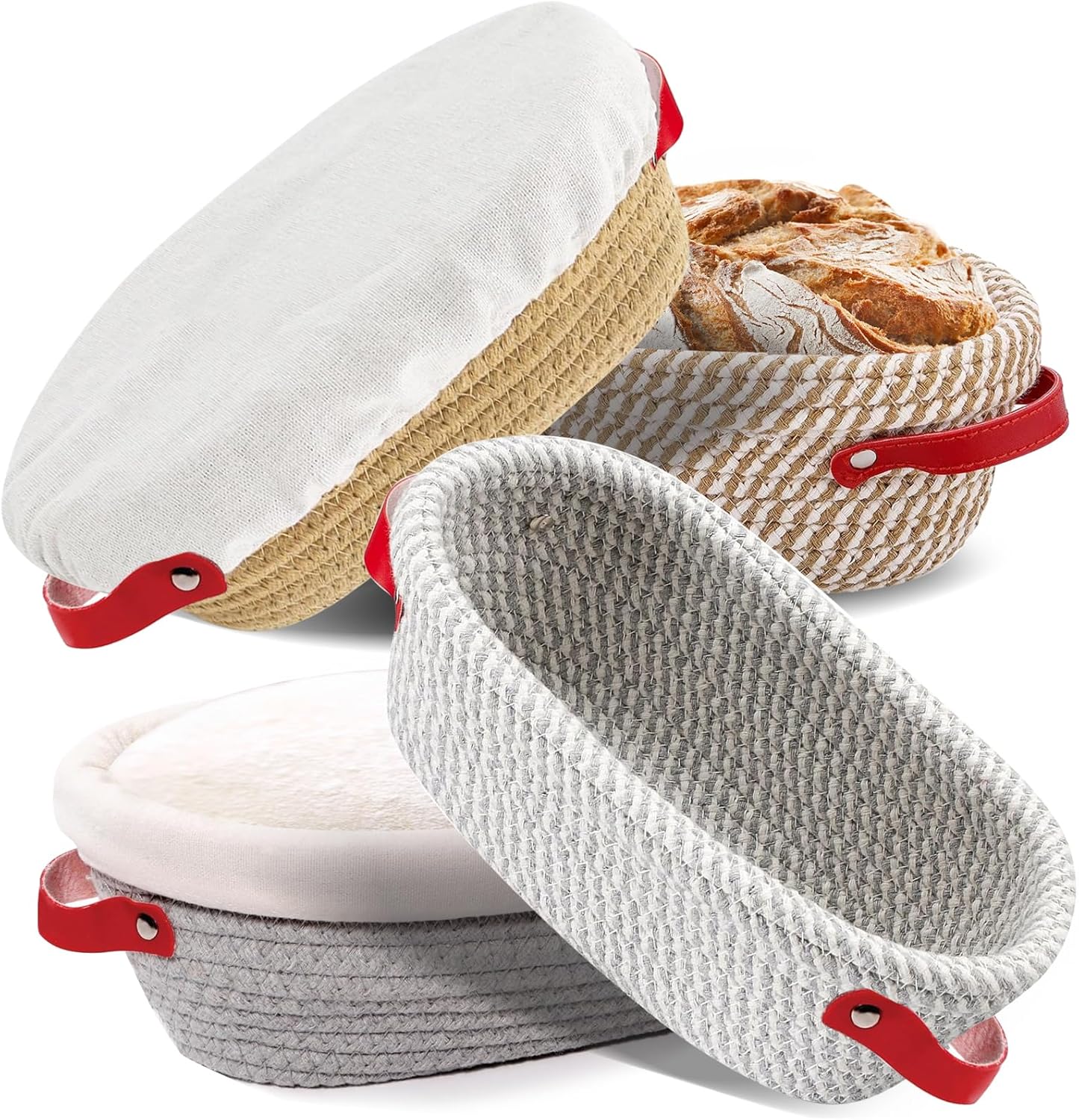 10 Inch Oval Cotton Rope Banneton Bread Proofing Basket Banneton Basket Set of 4 Sourdough Bread Baking Supplies with Liner & Cover