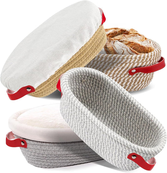 10 Inch Oval Cotton Rope Banneton Bread Proofing Basket Banneton Basket Set of 4 Sourdough Bread Baking Supplies with Liner & Cover