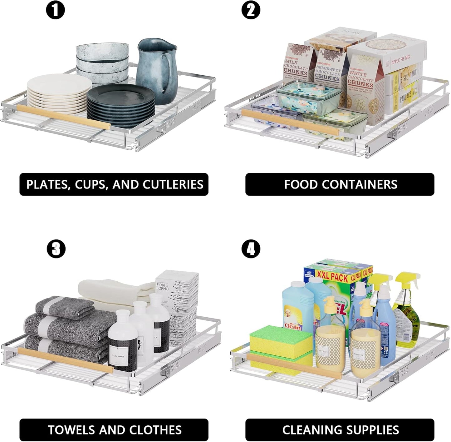 Pull Out Cabinet Organizer Expandable Slide Out Kitchen Cabinet Drawer Heavy Duty Stainless Steel Storage Shelf Rack for Base Cabinet Pantry Closet Under Sink Divider Organization