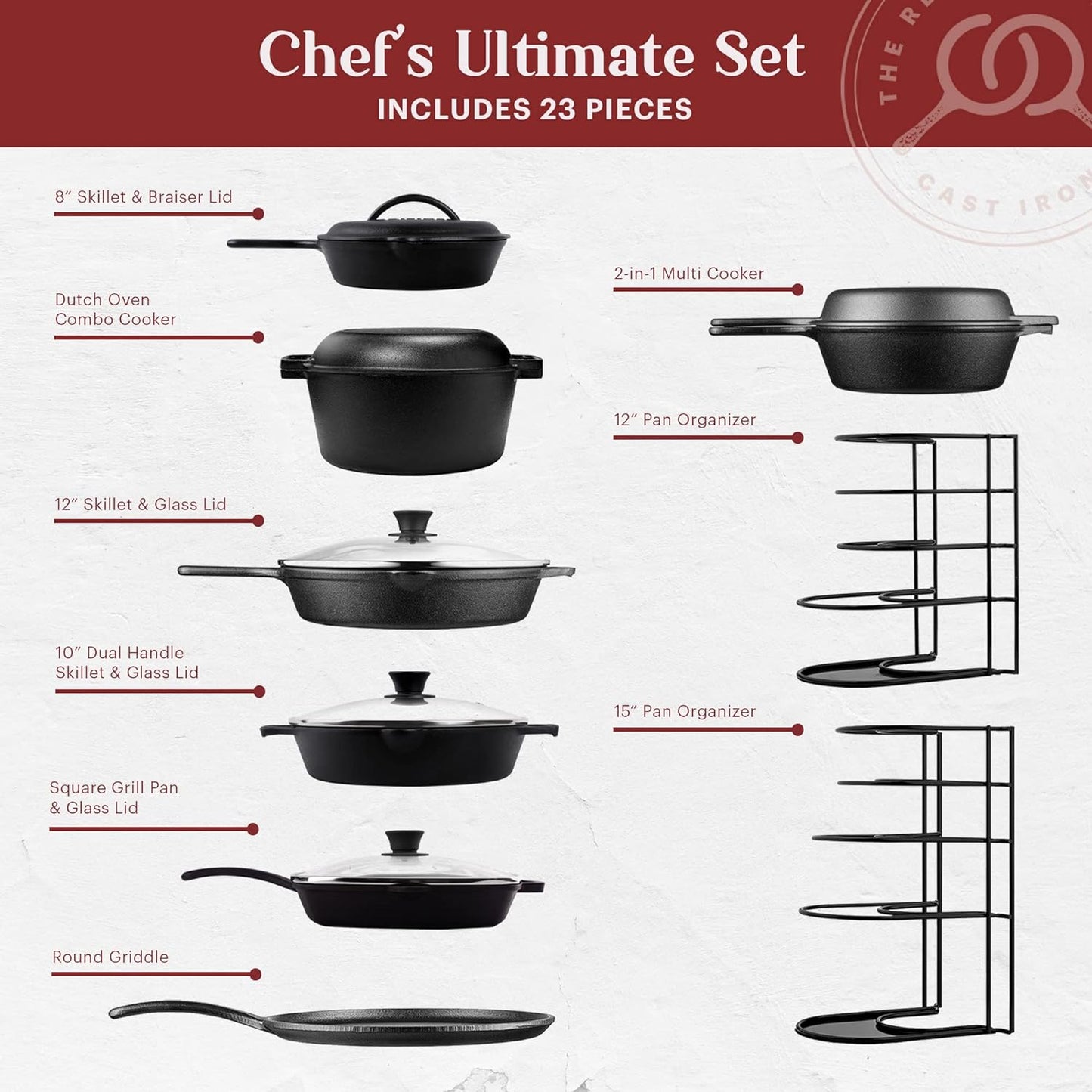 Cuisinel Cast Iron 23-Pc Cookware Set - 8" Skillet + Cast Iron Lid + 12"+Lid + 10" Braiser with Lid + Grill Pan + Lid + Griddle + 5-Qt Dutch Oven + Multi-Cooker + 12"+15" Pan Rack + Scraper + Handles