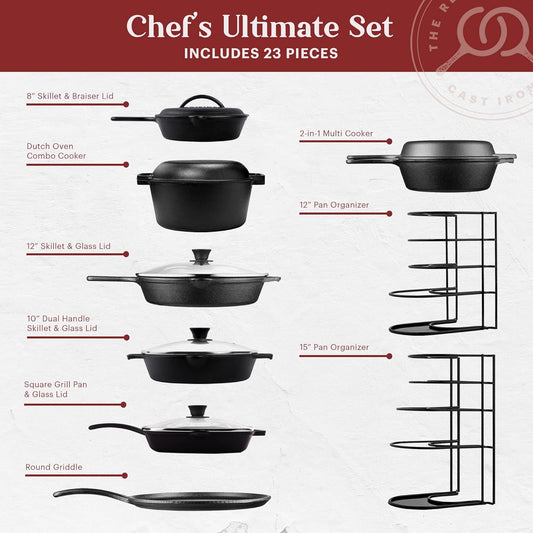 Cuisinel Cast Iron 23-Pc Cookware Set - 8" Skillet + Cast Iron Lid + 12"+Lid + 10" Braiser with Lid + Grill Pan + Lid + Griddle + 5-Qt Dutch Oven + Multi-Cooker + 12"+15" Pan Rack + Scraper + Handles