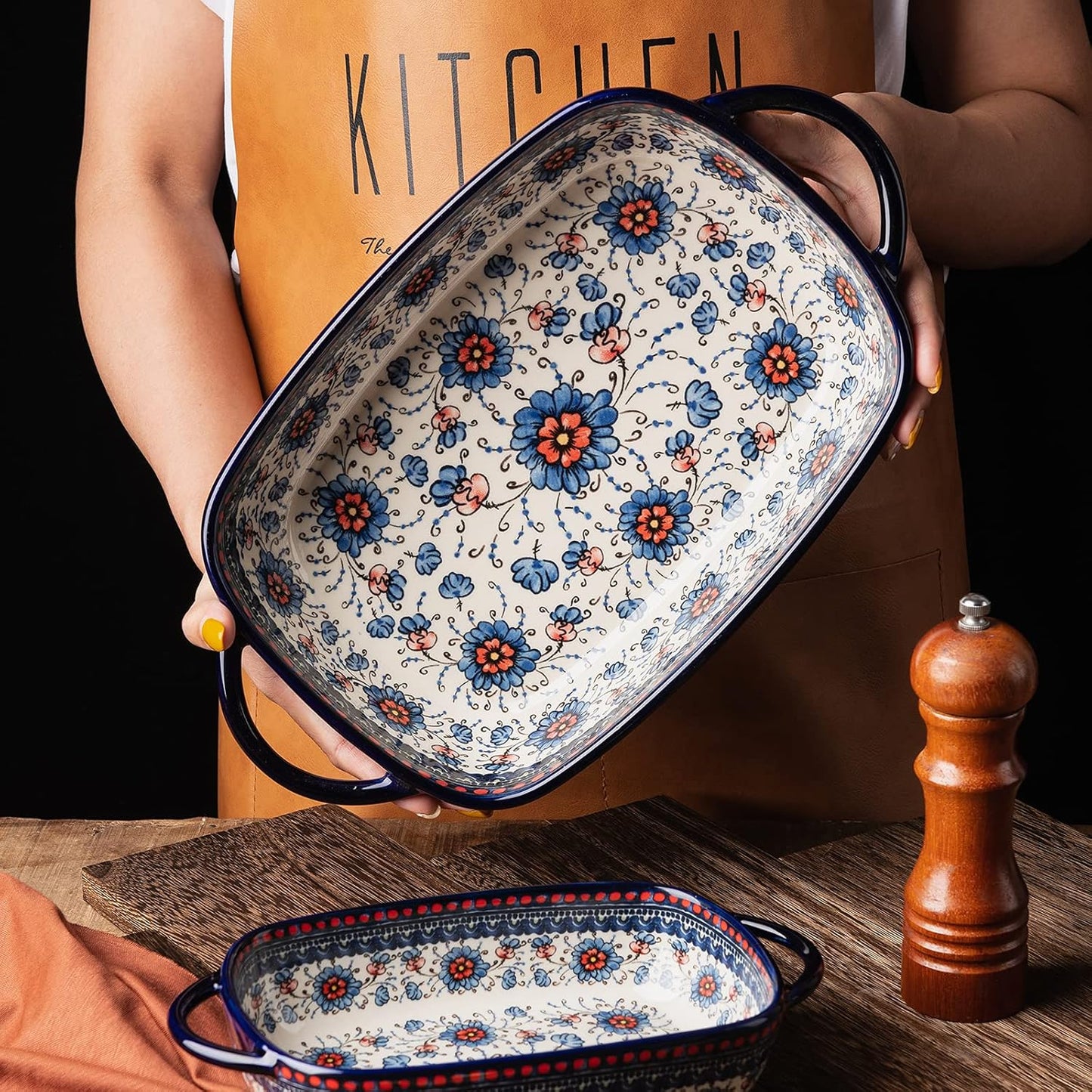 Baking Dish Ceramic Baking Pan Blue Casserole Dish Rectangular Baking Set 2pcs Bakeware Sets Lasagna Pan Baking Dishes for oven (Blue plasma grass)